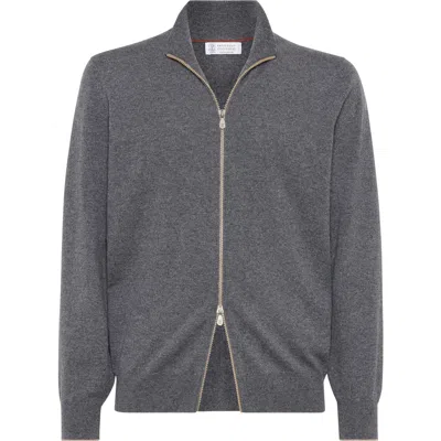 Brunello Cucinelli Cashmere Zip-up Cardigan In Lead