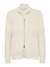 Brunello Cucinelli Beige Cardigan In Cotton With Zip In White