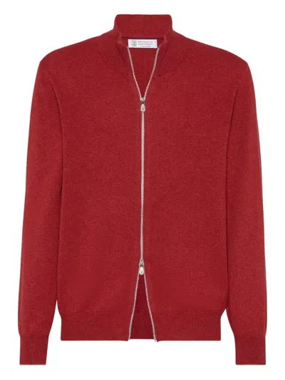 Brunello Cucinelli Zip-front High-neck Cardigan In Red