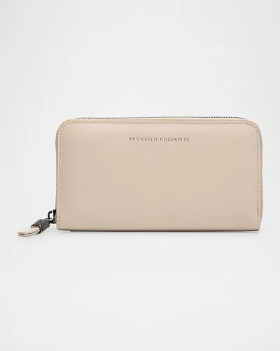 Brunello Cucinelli Zip Leather Continental Wallet In Neutral