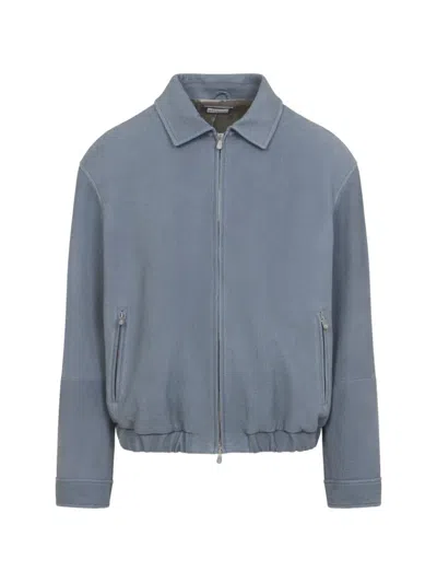 Brunello Cucinelli Suede Jacket Collared Design Elasticated Hem Pockets In Gray
