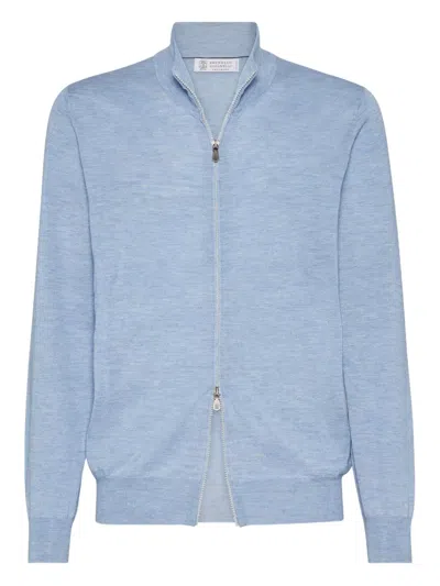 Brunello Cucinelli Zip-neck Lightweight Cardigan In Blue