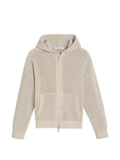 Brunello Cucinelli Kids' Zip Ribbed-knit Hoodie In Neutral