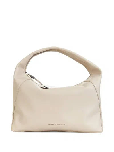 Brunello Cucinelli Zip-top Leather Shoulder Bag In White