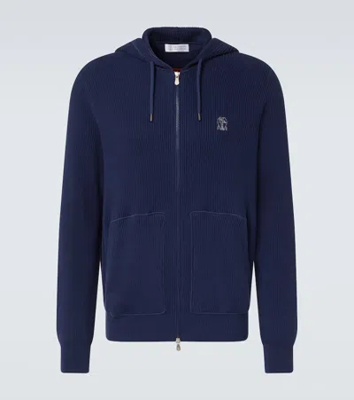 Brunello Cucinelli Zip-up Cotton Hoodie In Blue