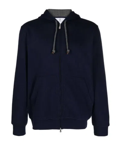 Brunello Cucinelli Zip-up Cotton Hoodie In Blue
