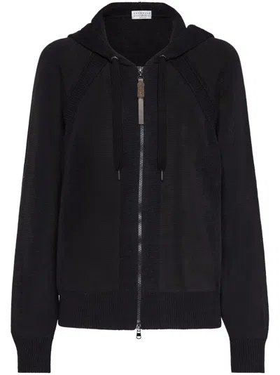 Brunello Cucinelli Zipped Knit Hooded Cardigan In Black
