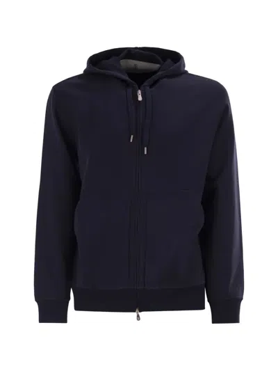 Brunello Cucinelli Cashmere Blend Hooded Sweatshirt Featuring Pockets In Blue