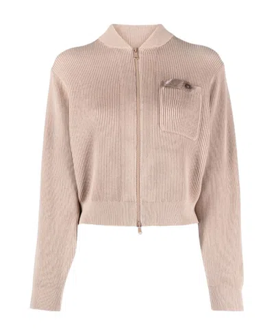 Brunello Cucinelli Zip-up Ribbed Cardigan In Pink