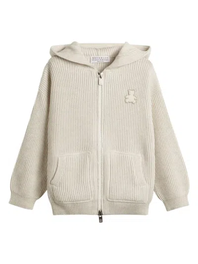 Brunello Cucinelli Babies' Zip-up Ribbed-knit Hoodie In Neutrals
