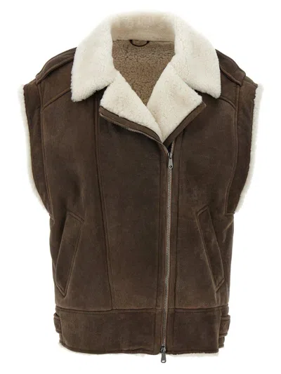 Brunello Cucinelli Zip-up Shearling Vest In Brown