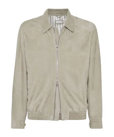 Brunello Cucinelli Zip-up Suede Jacket In Beige