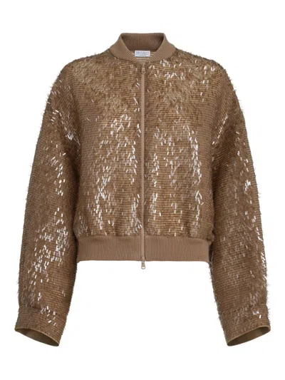 Brunello Cucinelli Jackets Paillettes Bomber Jacket Brown With Silk Sequins For Women In Gray