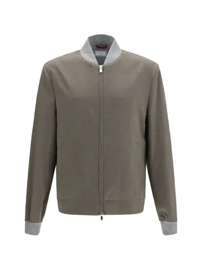 Brunello Cucinelli Cashmere Bomber Jacket Collarless Ribbed Trim In Brown