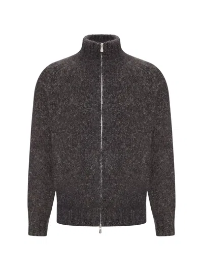 Brunello Cucinelli Boucle Knit Zip-up Sweater With High Neck In Brown