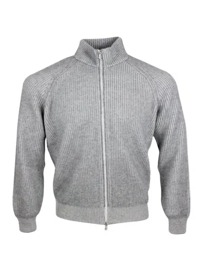 Brunello Cucinelli Zipped Cardigan Sweater With High Vanisé Collar In Pure And Fine Cashmere In Grey