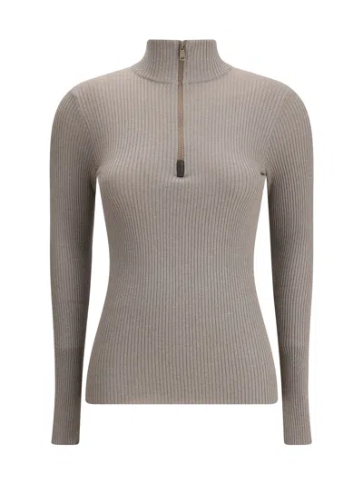 Brunello Cucinelli Zipped High Neck Top In Neutral