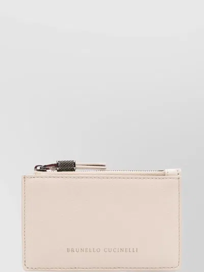 Brunello Cucinelli Zipped Leather Pouch With Protective Dust Bag In Ivory