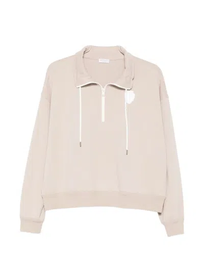 Brunello Cucinelli Zipped Logo-patch Sweatshirt In Neutral