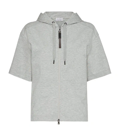 Brunello Cucinelli Zipped Short-sleeve Hoodie In Grey