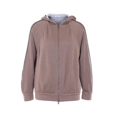 Brunello Cucinelli Women Cotton And Silk Interlock Topwear With Precious Stripe In Brown