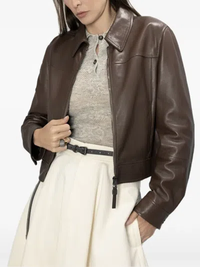 Brunello Cucinelli Zip-up Leather Jacket In Brown
