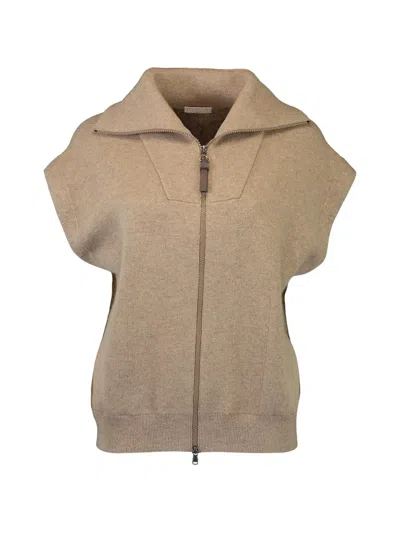 Brunello Cucinelli Zip-up Sleeveless Cardigan In Neutral