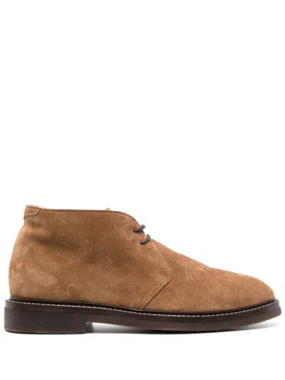 Brunello Cucinelli Lace-up Suede Ankle Boots In Brown