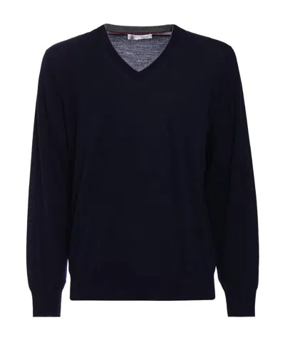 Brunello Cucinelli V V-neck Knitted Jumper In Blue