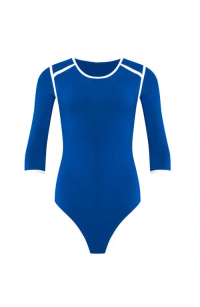 Brunna.co The Girl 3/4 Sleeve Second Skin Active Bodysuit In Blue