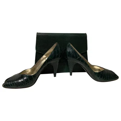 Pre-owned Bruno Magli 1980  Green Alligator Peep Toe Pumps & Coordinating Lizard Clutch