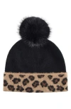 Bruno Magli Cashmere Leopard Pompom Beanie In Black