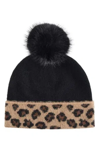 Bruno Magli Cashmere Leopard Pompom Beanie In Black