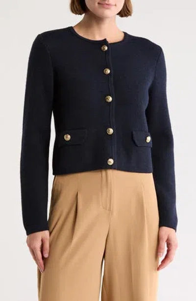 Bruno Magli Crewneck Merino Wool Cardigan In Navy
