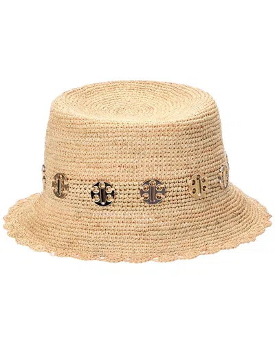 Bruno Magli Straw Crochet Trim Bucket Hat In Pink