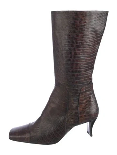 Pre-owned Bruno Magli Embossed Leather Animal Print Boots In Brown