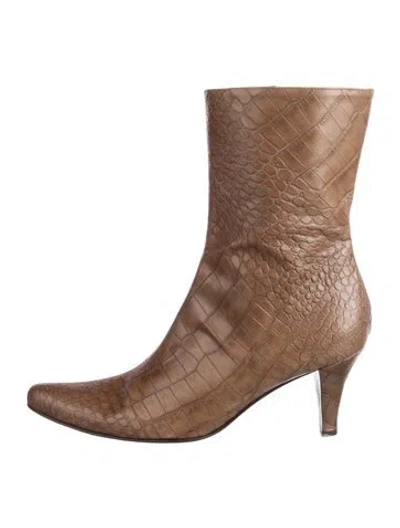 Pre-owned Bruno Magli Embossed Leather Animal Print Boots In Brown