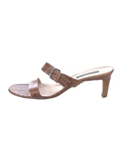 Pre-owned Bruno Magli Embossed Leather Slides In Brown