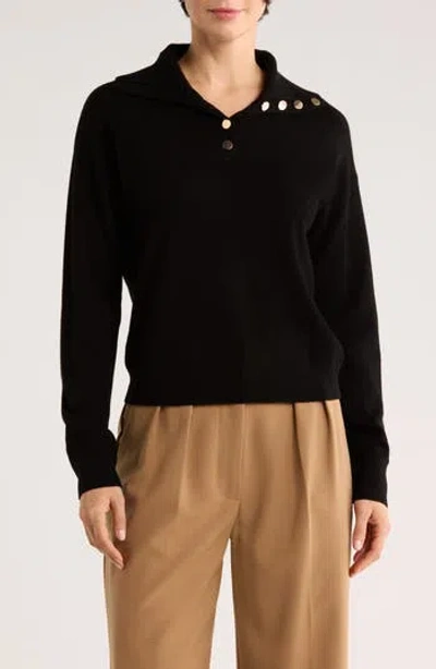 Bruno Magli Half Button Placket Wool & Cashmere Blend Sweater In Black