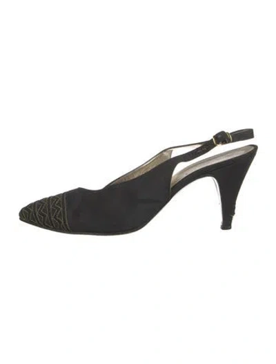 Pre-owned Bruno Magli Leather Embroidered Accent Slingback Pumps In Black