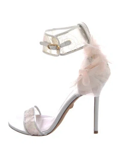 Pre-owned Bruno Magli Leather Lace Pattern Sandals In White