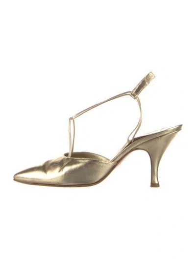 Pre-owned Bruno Magli Leather T-strap Pumps In Gold