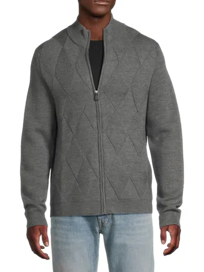 Bruno Magli Men's Merino Wool Basketweave Full-zip Mock Turtleneck Cardigan In Gray