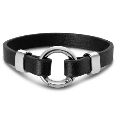 Bruno Magli Mens Black Leather Bracelet, Silver