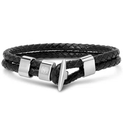 Bruno Magli Mens Black Leather Toggle Leather Bracelet, Silver