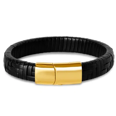 Bruno Magli Mens Classic Black Leather Bracelet, Gold