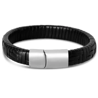 Bruno Magli Mens Classic Black Leather Bracelet, Silver