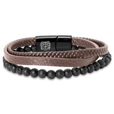 Bruno Magli Mens Leather Bracelet With Lava Beads, Mahogany In Black