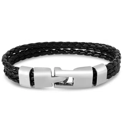 Bruno Magli Mens Three Strand Braided Leather Bracelet, Black
