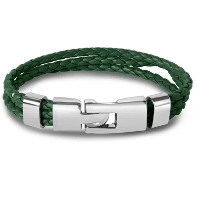 Bruno Magli Mens Three Strand Braided Leather Bracelet, Sage In Metallic